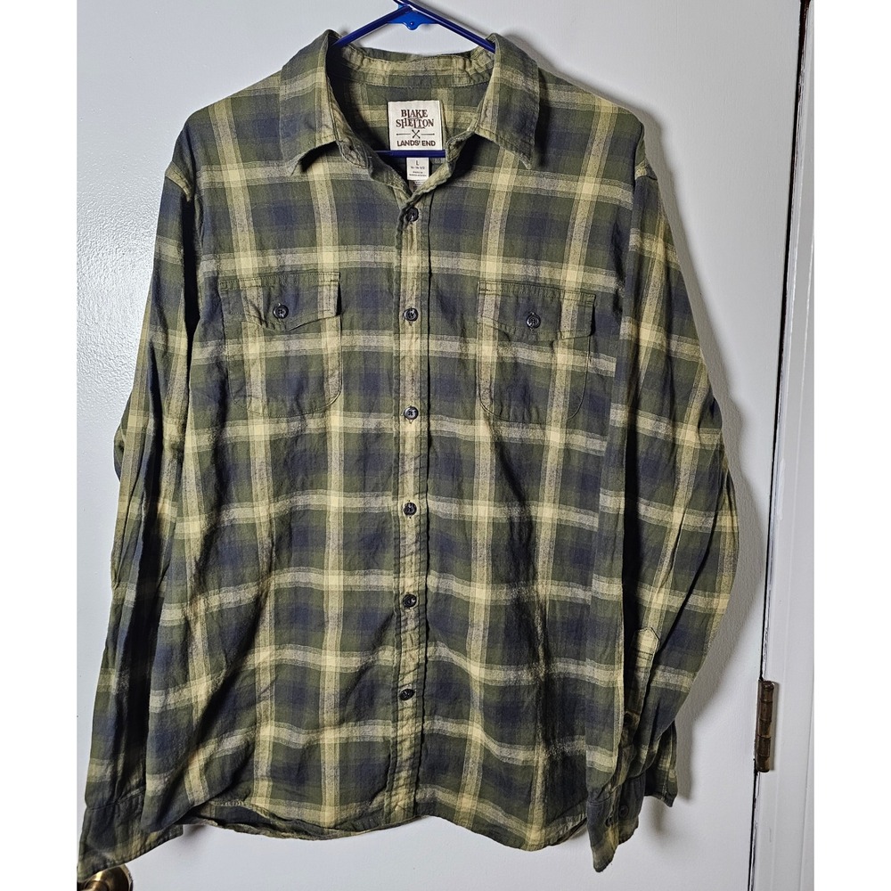 Blake Shelton x Lands End Mens Large Green Plaid Flannel Button Down Shirt